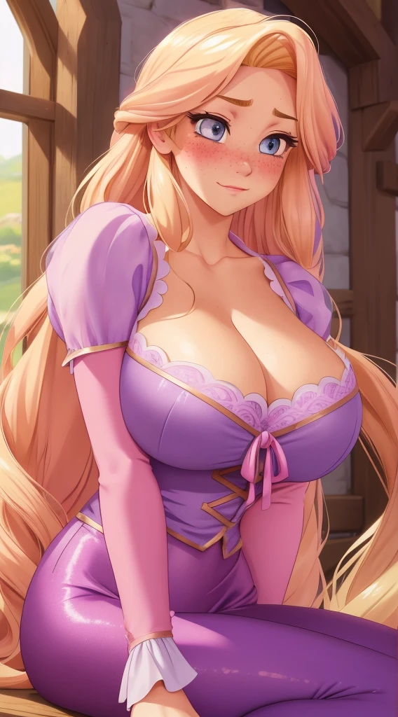 (RapunzelWaifu: 1.2), masterpiece, perfect lighting, cinematic lighting, adult, rapunzel, freckles, blush, solo, purple leggings, pink blonde, very long hair, more definition, huge breasts, embarrassed expression, blushing, deep cleavage, seductive glance at camera