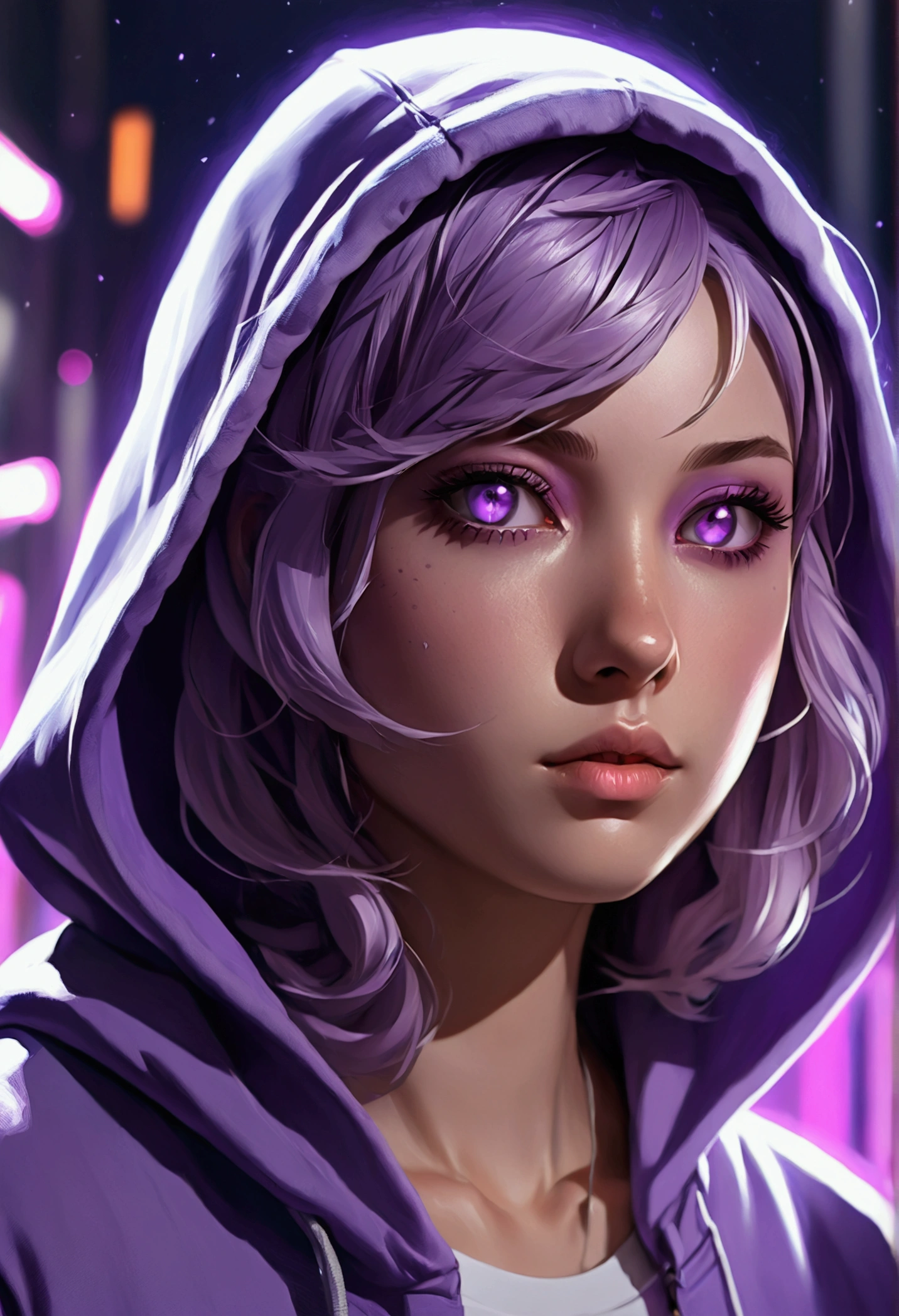 a close up of a woman with hoodies with a purple light in their hair, anime art wallpaper 4 k, anime art wallpaper 4k, anime art wallpaper 8 k, ufotable art style, jen bartel, by Tyler Jacobson, artwork in the style of guweiz, anime epic artwork, cute girl