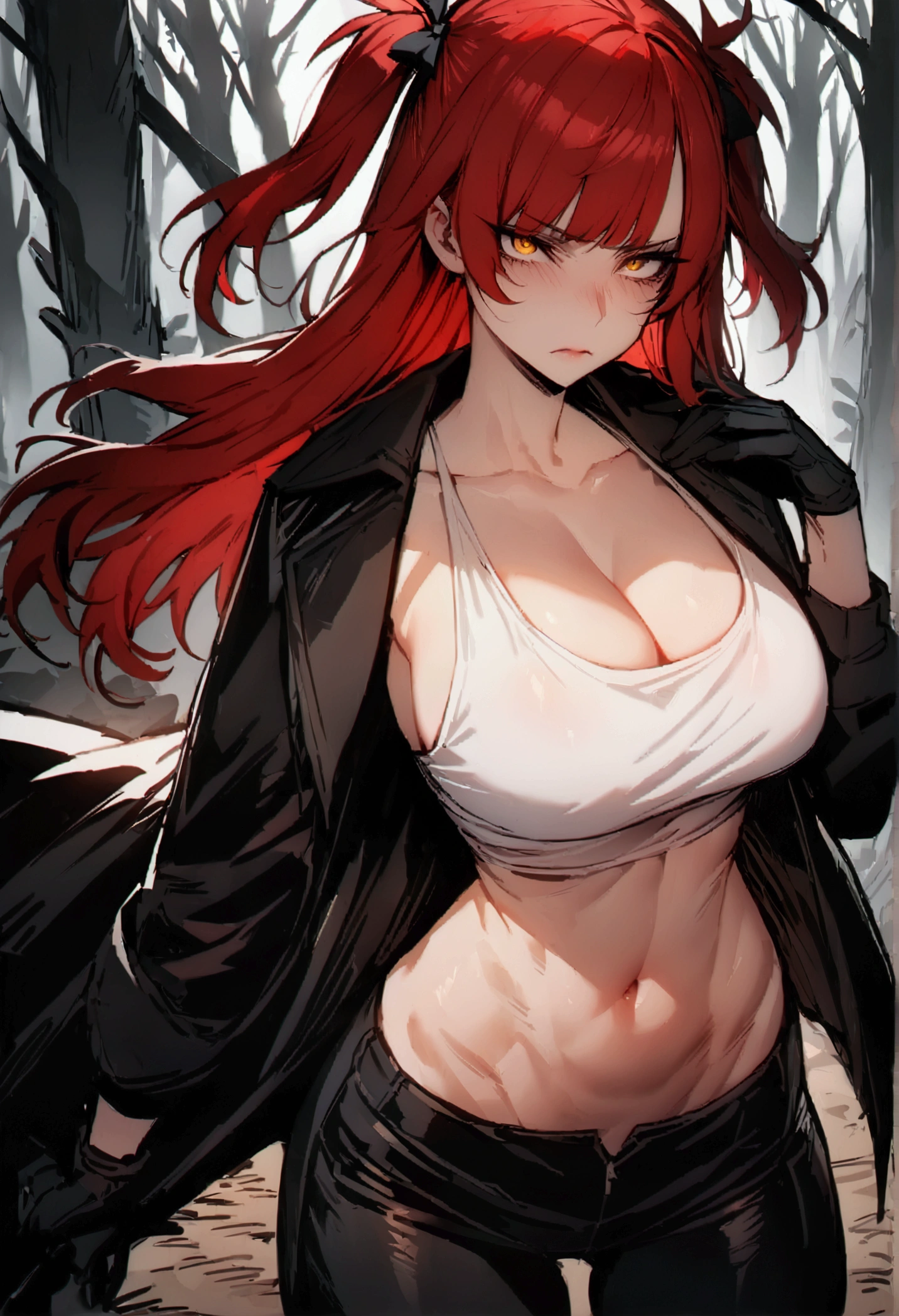 masterpiece, best quality 1girl, solo, beautiful woman, messy bangs, red hair, long hair, hair two side up by black bows , yellow eyes, angry, large breasts, toned stomach, white tank top, long black coat, figureless black gloves, black pants, fantasy looking at viewer, woods background
