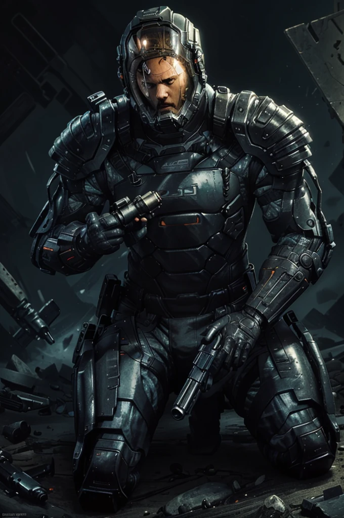 CallistoJacob, weapon, gun, solo, 1boy, holding weapon, male focus, holding gun, science fiction, holding, armor, helmet, handgun, realistic, kneeling, one knee
masterpiece, best quality,