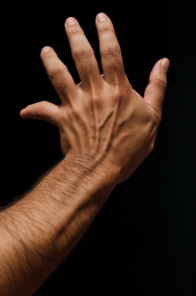 An epic hand of man that have visible veins. Solid black background.