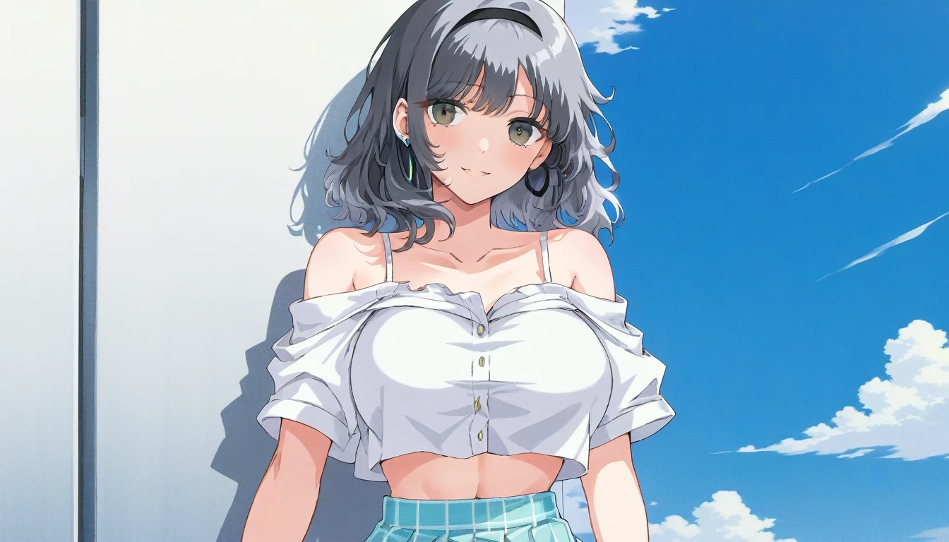 1 busty girl, Alone, Long gray hair, mediuml breasts, looking at letd side , ssmile, through bangs, summer cloths,The shirt, a skirt, exposed bare shoulders, close your mouth, a black eye, black colored hair, short- sleeved, side locks, Shiny, cropped shoulders, Parted bangs, curlies, off-the-shoulder shirts, retro artstyle, 90s of the 20th century (Stylized), 80s of the 20th century (Stylized),wear headphone