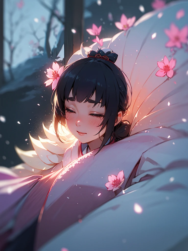 (Sumilux f1.4 50mm , low Latitude old color negative film , cross process , bokeh, flare, chromatic aberration , soft focus, (Shallow focus) , soft glow , Maximum aperture, High Key , Transparent depiction) , kawaii hentai anime , Japanese Heian period , Royal girl, fox mask , (round Maro eyebrows) , kimono, sitting , (Peony flowers blooming:0.8) , closeup face , Snow is falling , steamy breath , with Biwa hōshi