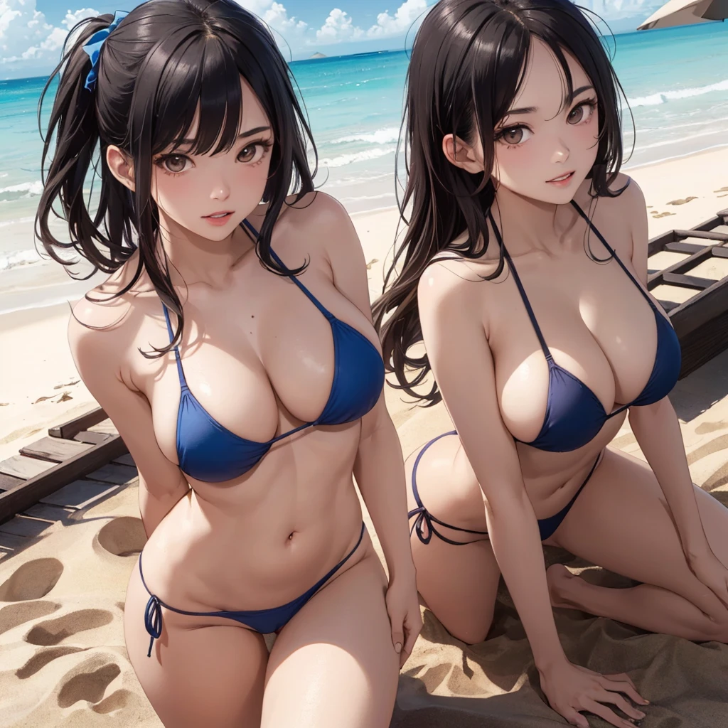 NSFW, (((Uncensored))), (((Clear picture))). high image quality, high resolution, 18 year old beautiful girl、shiny black hair、Hime cut、Brown eyes, dark eyebrows, J-cup huge breasts、172cm tall、tightened waist,、red bikini, sexy pose, Sandy Beach、Blue sky