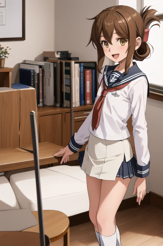 Highest quality, masterpiece, High resolution, alone, {inazuma_Kantai Collection}, brown_hair, Folded_ponytail, brown_eye, length_hair, Open_mouth, smile, School_uniform,skirt,Pleats_skirt,((Flat Chest, Small breasts)), (White panties), (In underwear), (lingerie), (indoor, office, living room), skirtリフト,((nsfw)), 