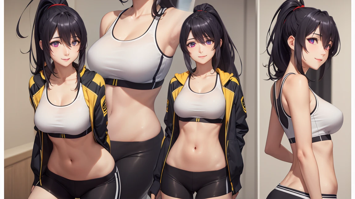 HimejimaAkeno, 1girl, closed mouth, smile, blush, black hair, long hair, purple eyes, ponytail, red ribbon,
BREAK (yellow jacket, open jacket, sports bra, bike shorts, midriff:1.2)
BREAK beautiful face,smiling,close up to hips, moderate breast, sitting on beds, (open mouth:0.4),portrait style,vivid colors,soft lighting, blushing, mature, ((hands behind back:1.5)),
BREAK (masterpiece:1.2), best quality, high resolution, unity 8k wallpaper, (illustration:0.8), (beautiful detailed eyes:1.6), extremely detailed face, perfect lighting, extremely detailed CG, (perfect hands, perfect anatomy),