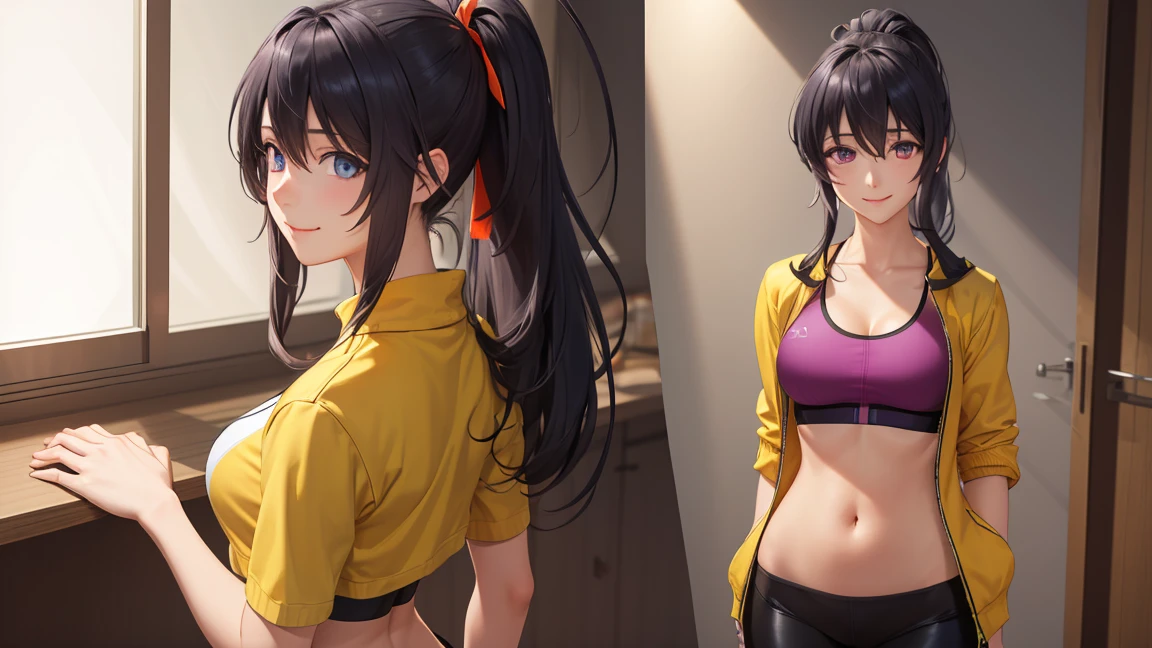 HimejimaAkeno, 1girl, closed mouth, smile, blush, black hair, long hair, purple eyes, ponytail, red ribbon,
BREAK (yellow jacket, open jacket, sports bra, bike shorts, midriff:1.2)
BREAK beautiful face,smiling,close up to hips, moderate breast, sitting on beds, (open mouth:0.4),portrait style,vivid colors,soft lighting, blushing, mature, ((hands behind back:1.5)),
BREAK (masterpiece:1.2), best quality, high resolution, unity 8k wallpaper, (illustration:0.8), (beautiful detailed eyes:1.6), extremely detailed face, perfect lighting, extremely detailed CG, (perfect hands, perfect anatomy),