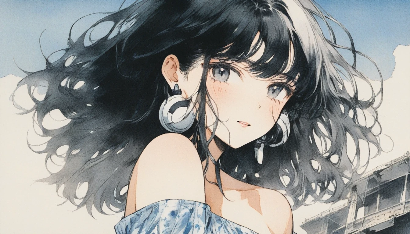 1 busty girl, Alone, Long gray hair, mediuml breasts, looking at letd side , ssmile, through bangs, summer cloths,The shirt, a skirt, exposed bare shoulders, close your mouth, a black eye, black colored hair, short- sleeved, side locks, Shiny, cropped shoulders, Parted bangs, curlies, off-the-shoulder shirts, retro artstyle, 90s of the 20th century (Stylized), 80s of the 20th century (Stylized),wear headphone