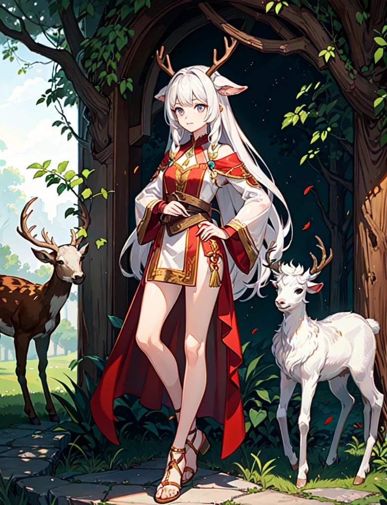 Human half deer, faunesa, arch of leaves, clothes made out of leaves, goat legs