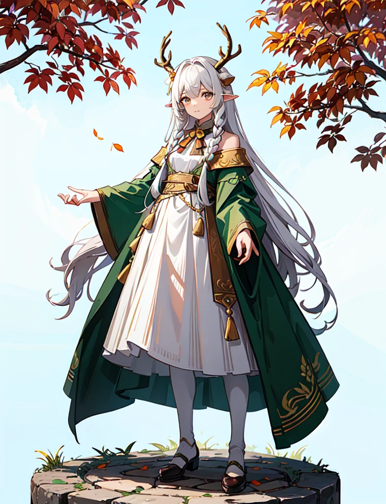 Human half deer, faunesa, arch of leaves, clothes made out of leaves, goat legs