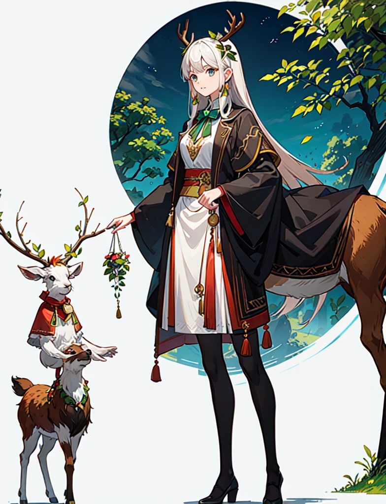 Human half deer, faunesa, arch of leaves, clothes made out of leaves, goat legs