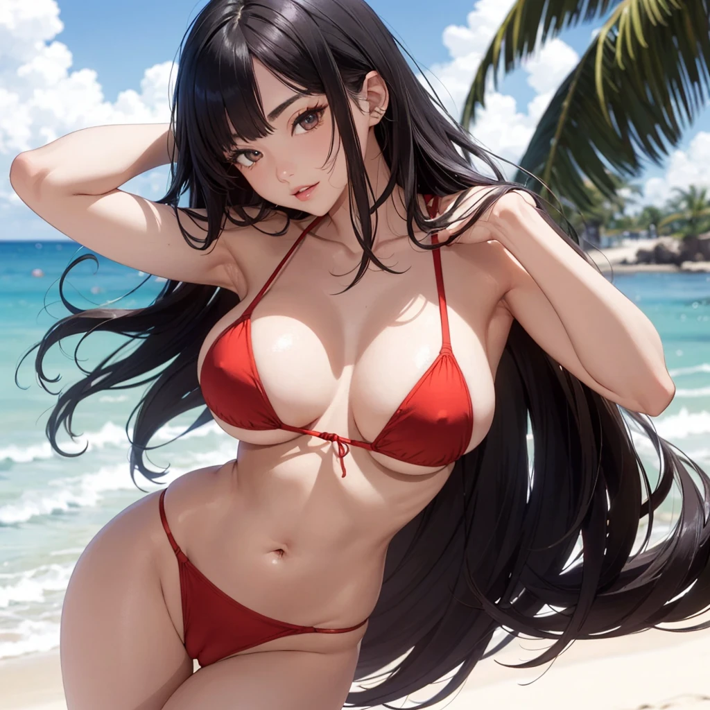 NSFW, (((Uncensored))), (((Clear picture))). high image quality, high resolution, 18 year old beautiful girl、shiny black hair、Hime cut、Brown eyes, dark eyebrows, J-cup huge breasts、172cm tall、tightened waist,、red bikini, sexy pose, Sandy Beach、Blue sky