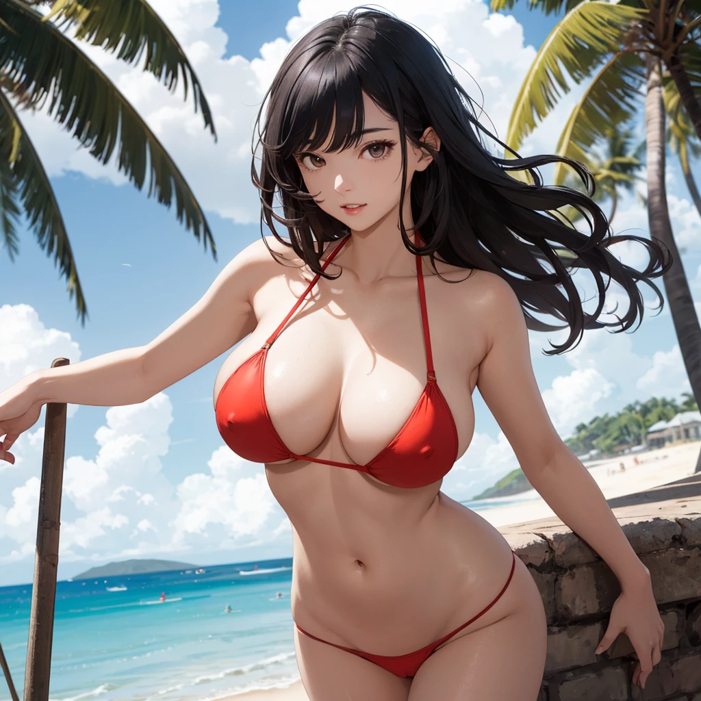 NSFW, (((Uncensored))), (((Clear picture))). high image quality, high resolution, 18 year old beautiful girl、shiny black hair、Hime cut、Brown eyes, dark eyebrows, J-cup huge breasts、172cm tall、tightened waist,、red bikini, sexy pose, Sandy Beach、Blue sky