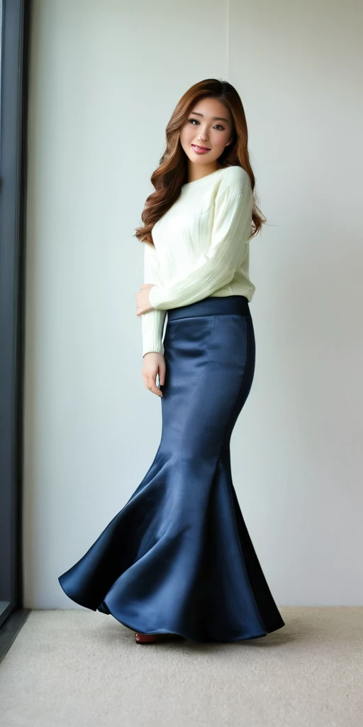 Portraiture、(masterpiece,Highest quality,Ultra-high resolution),Japanese women, (((Very beautiful 25 year old girl))),Long sleeve sweater、((Satin Mermaid Long Skirt))、The skirt is ankle-length、