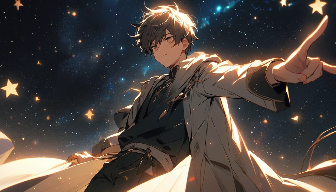 An 18-year-old boy holds out his hand and points to a bright star in the sky. The star represents the hope he holds in his heart, and his expression is full of determination. In the background, the night sky is visible, with faint lights scattered all around him.