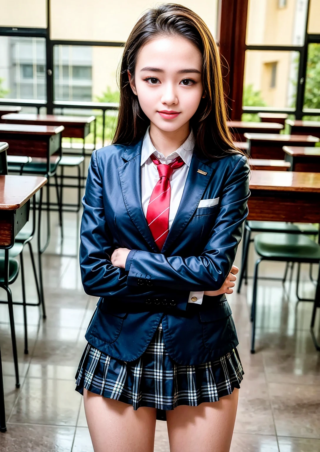 ((masterpiece)),(((best quality))),thin thighs,long legs,girl standing in school,red tie uniform,dark blue blazer,blue plaid skirt,18 years old,forehead,small smile,random pause,Pretty Woman,slim girl,