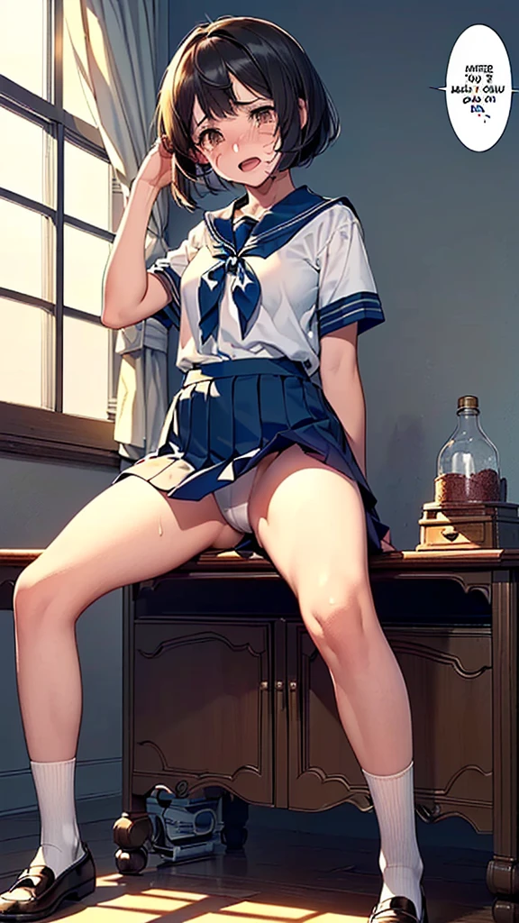 (:1.38),(14 Y8),(young Woman:1.66),(Masterpiece:1.21),(FHD),(16K),(Top Quality:1.24),(Super Resolution),(Super Illustration),(Best Shadow),(High Quality),(Super Detail:1.15), Elaborate,(1 Woman),(Japanese girl:1.1),(black hair:1.21),(big breasts:1.13),(petite:1.72)(middle hair),(bob cut),(straight hair),(copper tone hair, swept bangs, brown eyes),(drooping eyes:1.33),(big eyes:1.44),(long eyelashes:1.15), (Very dark room:1.76)),(((Middle School))),((School teacher Office)),((white Sailor uniform, white blouse, navy ribbon,black pleated skirt,white socks,black loafers)),(cartoon speech bubble:1.33),(open one's mouth:1.22),(to talk:1.2),(shy:1.68),(unpleasant feeling:1.39),(cry:1.32),(looking at viewer:1.2),(spread legs:1.71),(legs up:1.29),