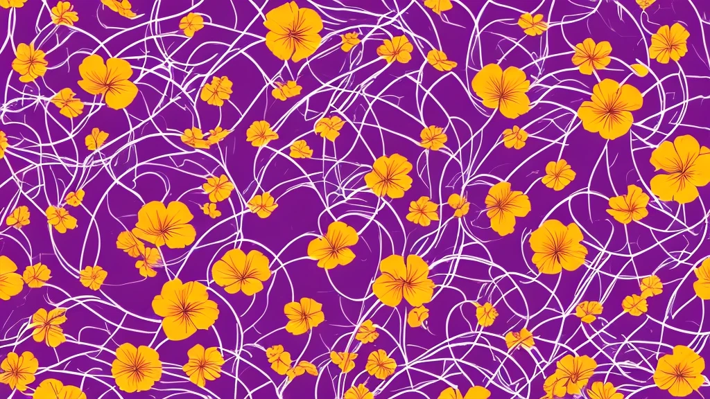 Abstract Flow lines design, horizontal, Dark violet background, glowy lines, orange flowers