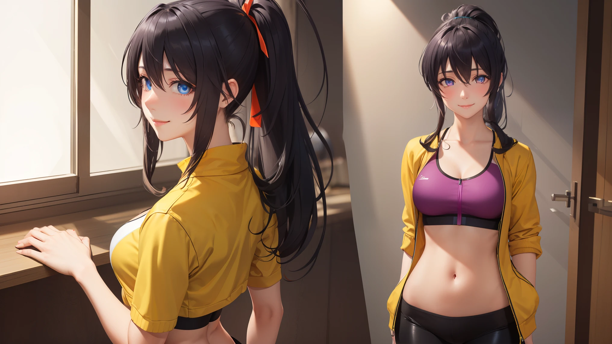 HimejimaAkeno, 1girl, closed mouth, smile, blush, black hair, long hair, purple eyes, ponytail, red ribbon,
BREAK (yellow jacket, open jacket, sports bra, bike shorts, midriff:1.2)
BREAK beautiful face,smiling,close up to hips, moderate breast, sitting on beds, (open mouth:0.4),portrait style,vivid colors,soft lighting, blushing, mature, ((hands behind back:1.5)),
BREAK (masterpiece:1.2), best quality, high resolution, unity 8k wallpaper, (illustration:0.8), (beautiful detailed eyes:1.6), extremely detailed face, perfect lighting, extremely detailed CG, (perfect hands, perfect anatomy),