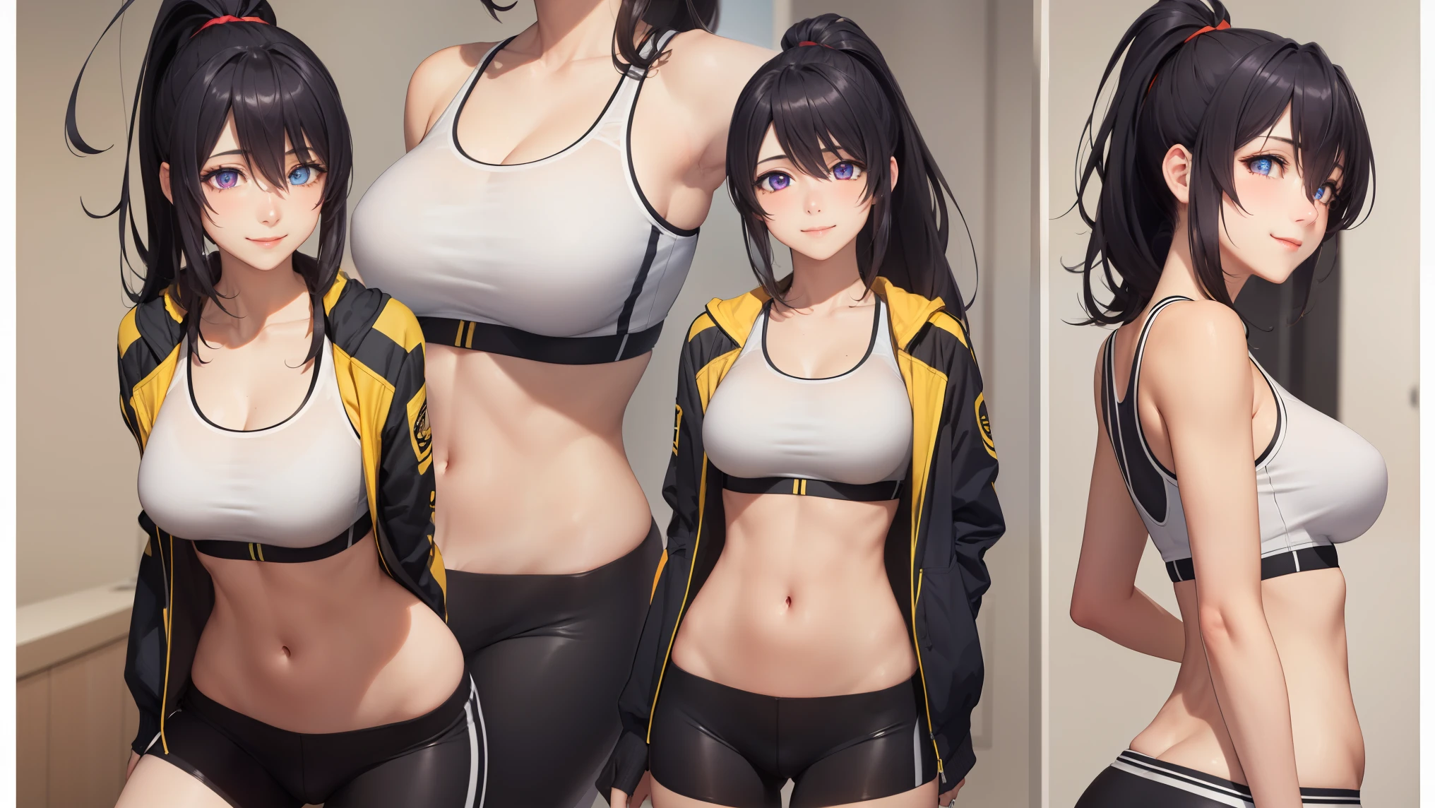 HimejimaAkeno, 1girl, closed mouth, smile, blush, black hair, long hair, purple eyes, ponytail, red ribbon,
BREAK (yellow jacket, open jacket, sports bra, bike shorts, midriff:1.2)
BREAK beautiful face,smiling,close up to hips, moderate breast, sitting on beds, (open mouth:0.4),portrait style,vivid colors,soft lighting, blushing, mature, ((hands behind back:1.5)),
BREAK (masterpiece:1.2), best quality, high resolution, unity 8k wallpaper, (illustration:0.8), (beautiful detailed eyes:1.6), extremely detailed face, perfect lighting, extremely detailed CG, (perfect hands, perfect anatomy),