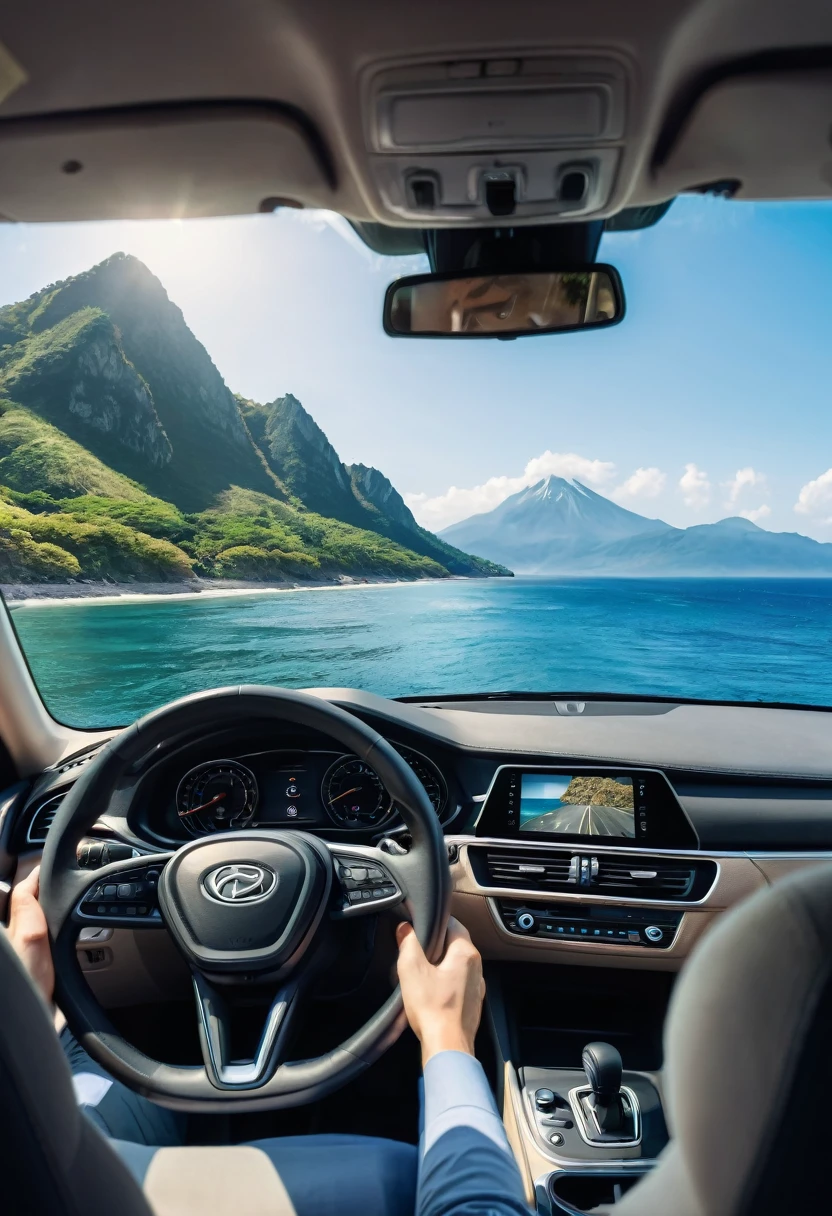 a pov of man driving a car looking out the window. a beautiful mountain and sea background