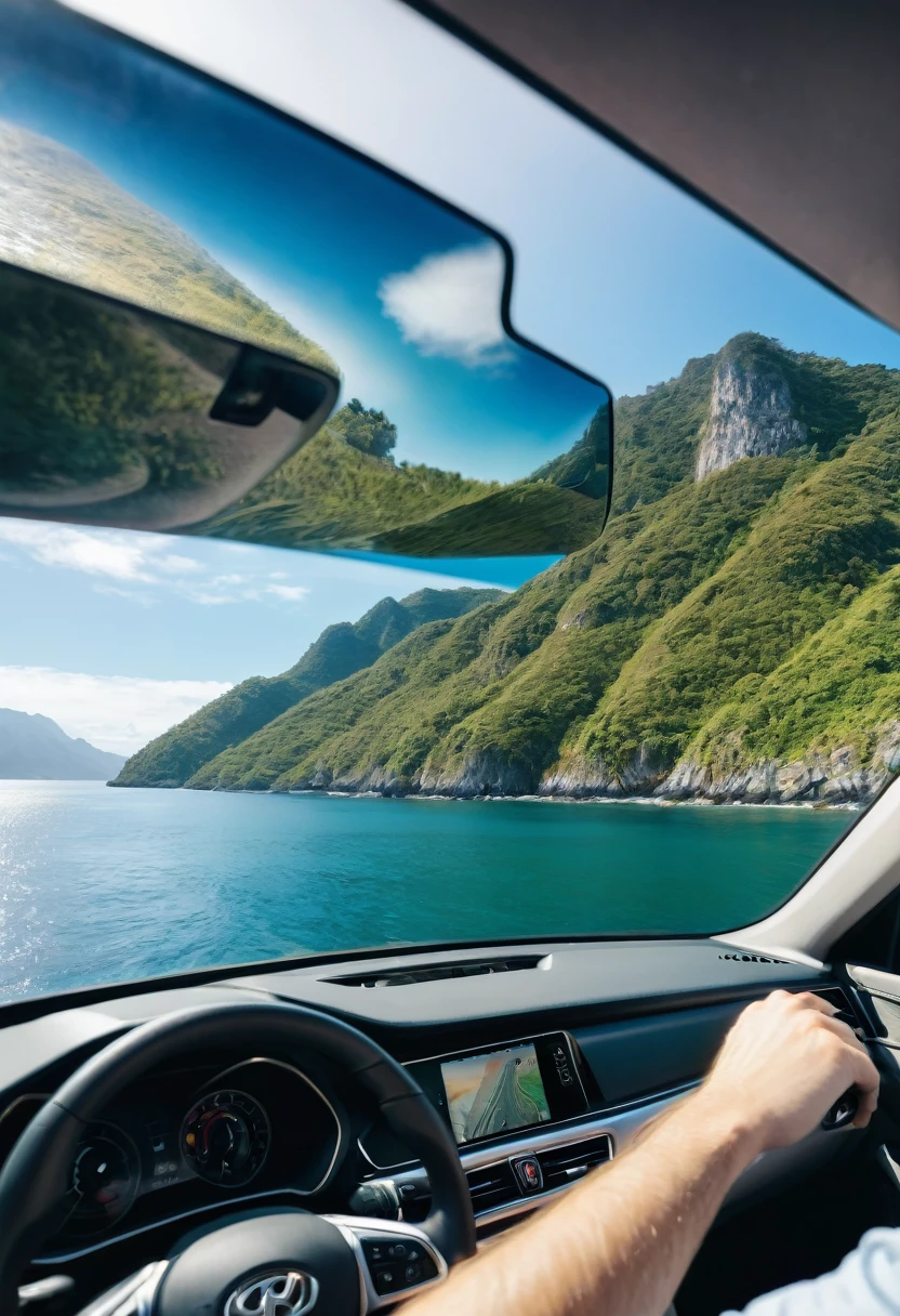 a pov of man driving a car looking out the window. a beautiful mountain and sea background​