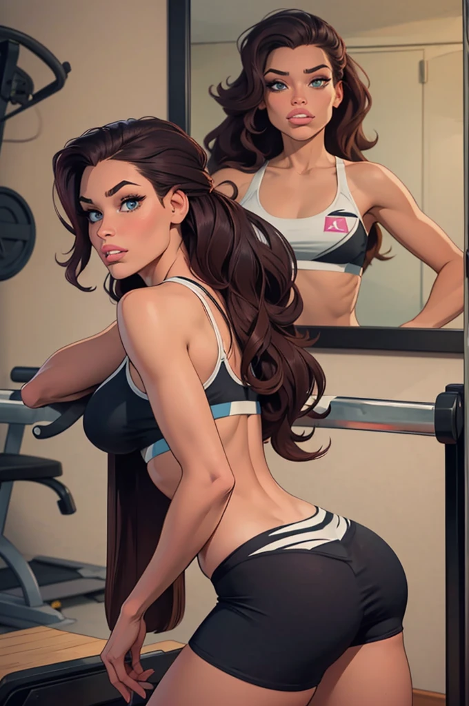 Masterpiece, raw, beautiful art, professional artist, 8k, very detailed face, very detailed hair, 1girl, Vanessa Doofenshmirtz, wearing tight yoga shorts and sports bra, in the gym, looking at herself in the mirror, showing off her sexy ass, biting her lip, perfectly drawn body, beautiful face, long hair, very detailed eyes, rosey cheeks, intricate details in eyes, perfect lips