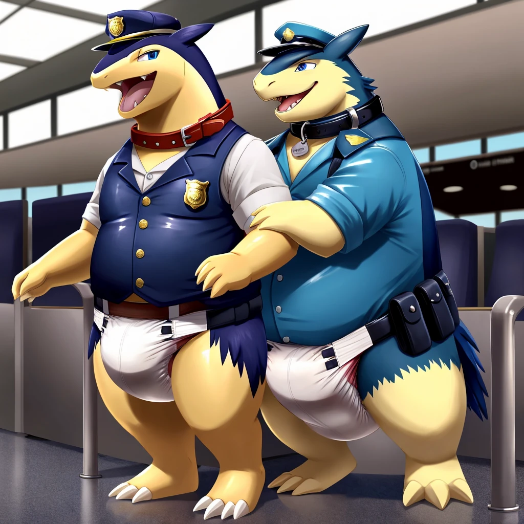 Male, fat, extremely obese, gentleman, dapper Typhlosion, pooping in diaper, blue eyes, (soft shading), 4k, hi res, ((detailed face, detailed)), looking at viewer, evil grin, Airport, TSA, TSA Uniform, collared shirt with buttons, hat, male focus, Police Uniform, glasses, monocle, vest with buttons, sleeves rolled up, round eyewear, headwear, vest, Typhlosion is wearing a glossy leather dog collar around the neck, Typhlosion is wearing the leather collar and shirt and vest at the same time, Typhlosion is wearing glossy white rubber gloves on the hands, wearing white rubber gloves on the feet, gloves are rubber in texture, mouth wide open, evil laugh, clenching fists, leather collar is glossy and shiny with a lot of detail, Typhlosion is wearing gloves and leather collar at the same time, leather collar has a round dog-tag, leather collar is thick and detailed, white rubber gloves on the feet, Typhlosion is wearing gloves and leather collar at the same time, leather collar has a round dog-tag, leather collar is thick and detailed, leather collar is glossy and shiny, fancy clothing, dapper vest, dapper shirt, leather collar is thick, glossy leather collar, Typhlosion is wearing a dirty diaper, Fat Typhlosion is getting his diaper changed by a second Typhlosion, second Typhlosion is wearing gloves, second Typhlosion is wearing a leather collar.