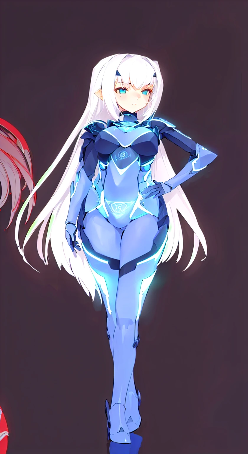 ((detailed), high_quality, master_quality, (realistic), (full_body), (3rdascend), standing, 8k, masterpiece, (fortified_suit), white_hair, medium_breasts, sexy, , (melusine), 1stascend, black thighhighs, armor, armored dress, (blue armor), breastplate, gloves, mask, pauldrons, shoulder armor, high_heels