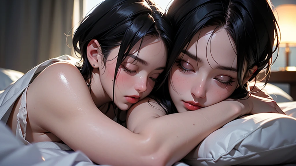 1 girl, Highest quality, masterpiece, Ultra-high resolution, (Realistic:1.4), RAW Photos, 1 girl, short hair, See-through spaghetti strap shirt, Cinema Lighting, Half Body Portrait, Half Body Shot, Bedroom, Naked but covered with a blanket, Shortcuts, capricious lighting, Enchanting atmosphere, Bokeh, Dreamy decor, capricious lighting, Enchanting atmosphere, Sleepy face, close your eyes, Lying on the futon, Hug with a pillow, Drooling