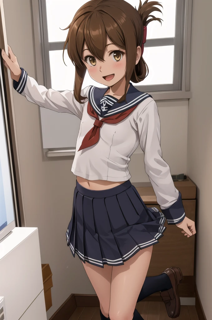 Highest quality, masterpiece, High resolution, alone, {inazuma_Kantai Collection}, brown_hair, Folded_ponytail, brown_eye, length_hair, Open_mouth, smile, School Uniforms,skirt,プリーツskirt,((Flat Chest, Small breasts)),navel,  (White panties), (In underwear), (lingerie), (Outdoor), (skirtリフト),((nsfw)), Wet clothes, ((Panty shot))