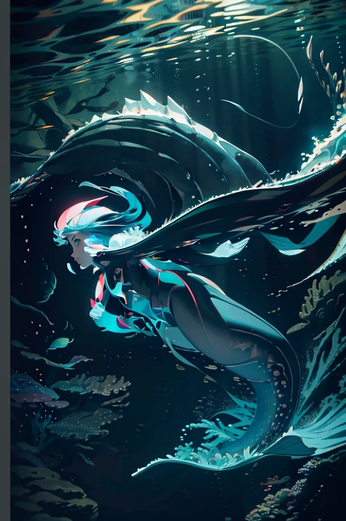 (masterpiece, best quality, ultra-detailed, best shadow), (beautiful detailed face:1.3),(solo), (family_friendly:0.8),high contrast, ultra-high resolution,(1girl under deep sea:1.6),(diving AND petting a whale:1.3),full body, diving suit,refract light from above,glowing_light,vivid seaweed,colorful corals, looking_afar, tropical fish,(turbulence disturbed hair:1.2),([blue|silver] hair:1.1) 