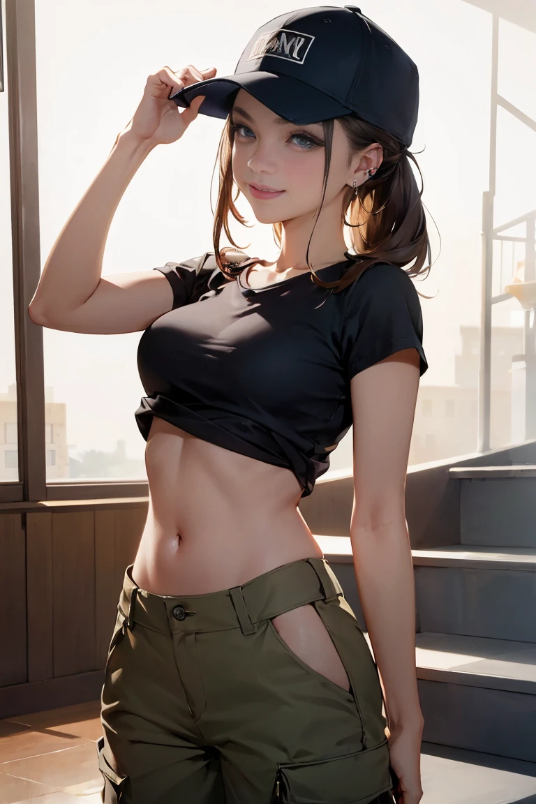 Cinema Lighting，Precision human body，RAW photos，4K - Ultra-realistic，best quality, masterpiece, Ultra-high resolution, (Reality: 1.4),((linoleum,Radiant Skin、Reality的 skin texture、Beautiful skin in every detail、Glowing skin、Glowing skin))、beautiful eyes, Perfect face and eyes、Super Resolution,(Reality的:1.3),(1 Slim girl), Fashion Girl, (Smile),Baseball cap, earrings,(Loose cargo pants)