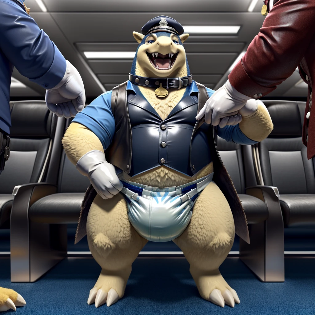 Male, fat, extremely obese, gentleman, dapper Typhlosion, pooping in diaper, blue eyes, (soft shading), 4k, hi res, ((detailed face, detailed)), looking at viewer, evil grin, Airport, TSA, TSA Uniform, collared shirt with buttons, hat, male focus, Police Uniform, glasses, monocle, vest with buttons, sleeves rolled up, round eyewear, headwear, vest, Typhlosion is wearing a glossy leather dog collar around the neck, Typhlosion is wearing the leather collar and shirt and vest at the same time, Typhlosion is wearing glossy white rubber gloves on the hands, wearing white rubber gloves on the feet, gloves are rubber in texture, mouth wide open, evil laugh, clenching fists, leather collar is glossy and shiny with a lot of detail, Typhlosion is wearing gloves and leather collar at the same time, leather collar has a round dog-tag, leather collar is thick and detailed, white rubber gloves on the feet, Typhlosion is wearing gloves and leather collar at the same time, leather collar has a round dog-tag, leather collar is thick and detailed, leather collar is glossy and shiny, fancy clothing, dapper vest, dapper shirt, leather collar is thick, glossy leather collar, Typhlosion is wearing a dirty diaper, Fat Typhlosion is getting his diaper changed by a second Typhlosion, second Typhlosion is wearing gloves, second Typhlosion is wearing a leather collar.