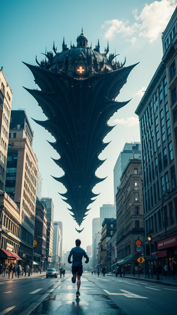 People running away from eerie creatures floating in the sky in the middle of a city.