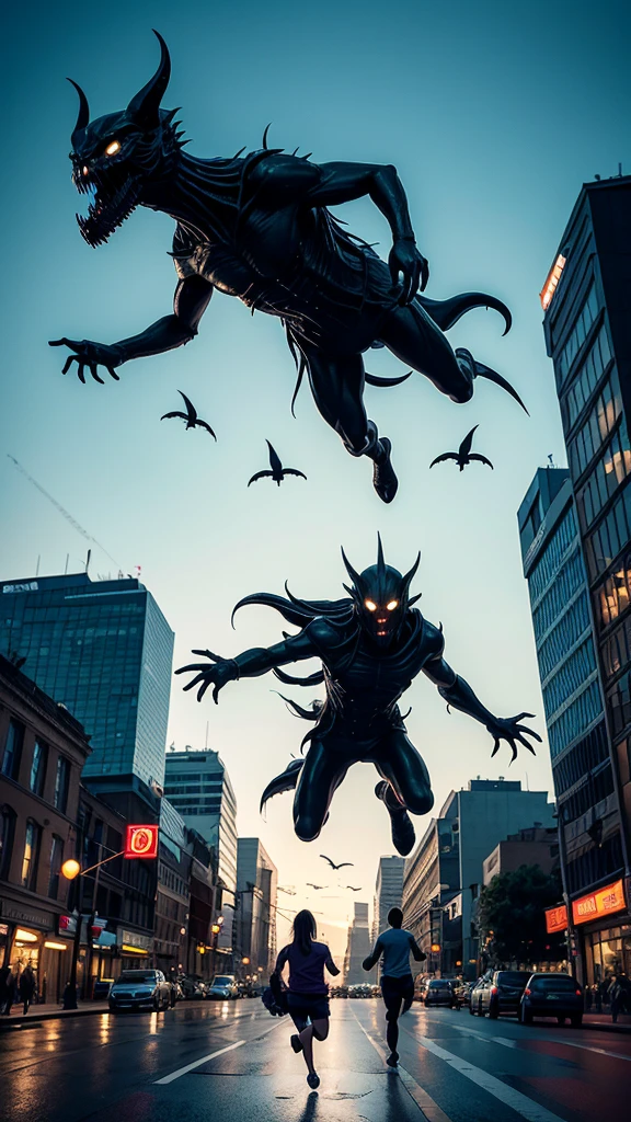 People running away from eerie creatures floating in the sky in the middle of a city.