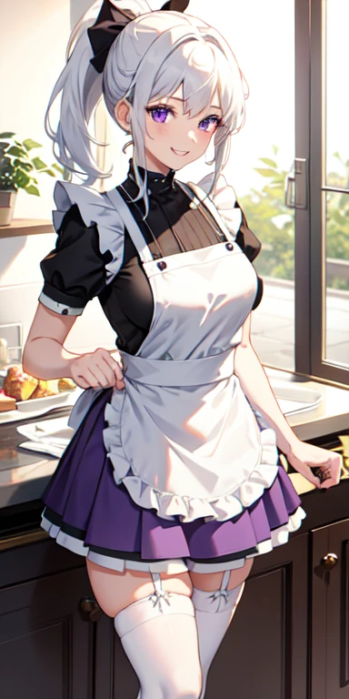 1girl, apron, ponytail ,white hair, purple eyes, thighs, skirt, thighhighs, food, warm and cute smile