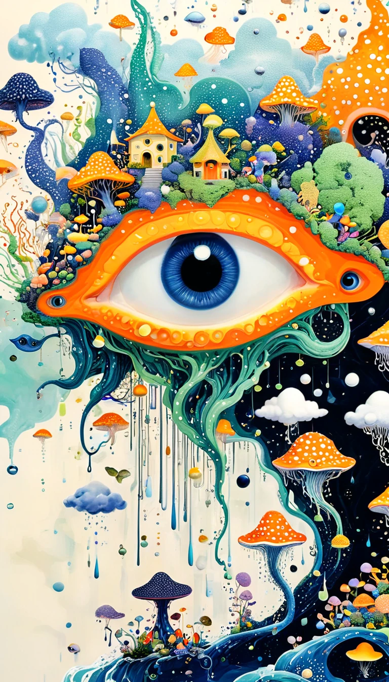 Strong visual fusion of multiple elements,Broto,来自Star的艺术家,Dopamine color scheme,house、Eye、pearl珠帘、pearl、Star、cloud、fish、Spore powder、Ocean、rain、Tentacles,Describing the inner world of autistic people,密集Pointillism method。Smooth lines。interesting,Strange illustration。Pointillism method。Strong contrast。Award-winning works。orange color