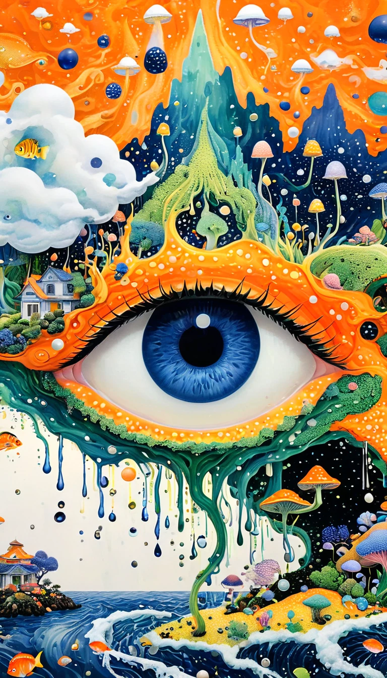 Strong visual fusion of multiple elements，Broto，来自Star的艺术家，Dopamine color scheme，house、Eye、pearl珠帘、pearl、Star、cloud、fish、Spore powder、Ocean、rain、Tentacles，Describing the inner world of autistic people，密集Pointillism method。Smooth lines。interesting，Strange illustration。Pointillism method。Strong contrast。Award-winning works。orange color
