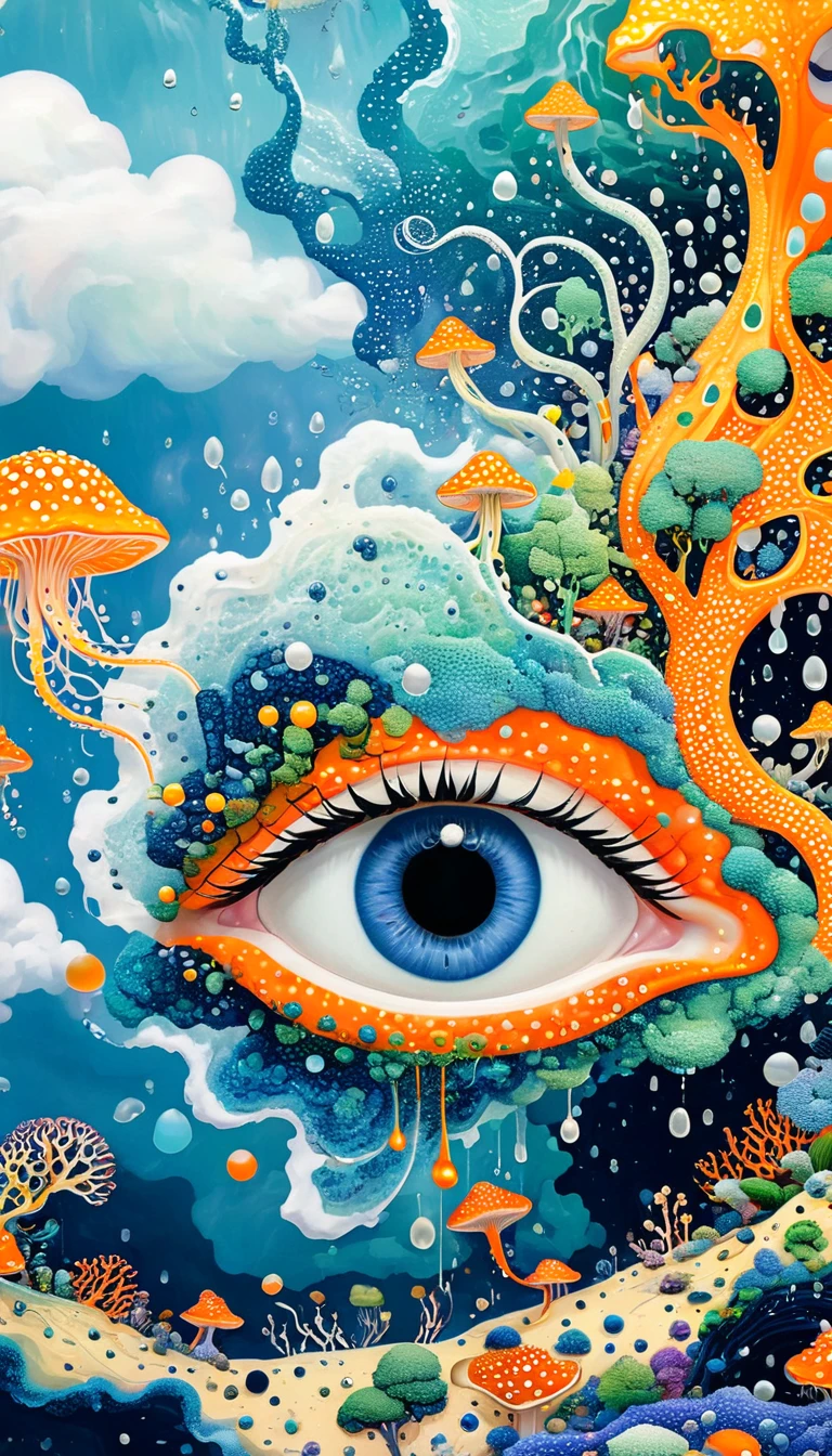 Strong visual fusion of multiple elements,Broto,来自Star的艺术家,Dopamine color scheme,house、Eye、pearl珠帘、pearl、Star、cloud、fish、Spore powder、Ocean、rain、Tentacles,Describing the inner world of autistic people,密集Pointillism method。Smooth lines。interesting,Strange illustration。Pointillism method。Strong contrast。Award-winning works。orange color