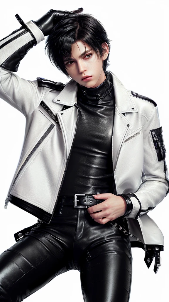 Final fantasy taste and reality graphics, ((Japanese young cute and cool ikemen boy)), his age is early 20s, thin eyebrows and beady eyes, ((he wearing off white color leather thick and heavy material jacket)), ((jacket is singlebrest)), ((biker style jacket)), ((jacket is large size)),((with epaulet)), ((jacket is long sleeve)), ((zipped front of the leather jacket)), , ((voluminous leather jacket)), ,((must jacket is high length and stand-up collar)) ((jacket collar with two belts)), ((jacket is a little black color line pattern)), ((also wearing black thick material turtleneck lackluster shirts)), ((tight black leather pants)), ((put black leather tight and thin glove on both hands)), ((black leather knee-high raceup boots)),((must views head-to-toe)),((must views whole body)), ,((Do not show skin from the neck down)),leather jacket leather glove and leather pants have few wrinkles, Avoid showing your innerwear,zip up jacket fastner.must put on a leather glove.
Boy is black hair.boy looks like fashion model.