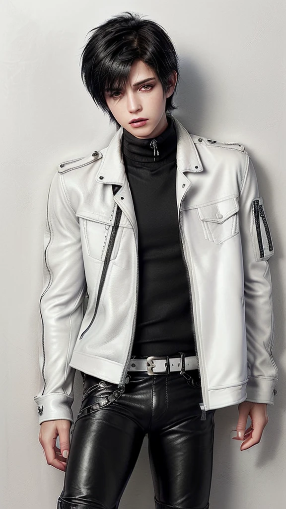 Final fantasy taste and reality graphics, ((Japanese young cute and cool ikemen  boy)), his age is early 20s, thin eyebrows and beady eyes,  ((he wearing off white color leather  thick and heavy material jacket)), ((jacket is singlebrest)), ((biker style jacket)), ((jacket is large size)),((with epaulet)), ((jacket is long sleeve)), ((zipped front of the leather jacket)), , ((voluminous leather jacket)), ,((must jacket is high length and stand-up collar)) ((jacket collar with two belts)), ((jacket is a little black color line pattern)), ((also wearing black thick material turtleneck lackluster shirts)),  ((tight black leather pants)),  ((put black leather tight and thin glove on both hands)), ((black leather knee-high raceup boots)),((must views  head-to-toe)),((must views whole body)), ,((Do not show skin from the neck down)),leather jacket leather glove and leather pants have few wrinkles, Avoid showing your innerwear,zip up jacket fastner.must put on a leather glove.
Boy is black hair.boy looks like fashion model.
