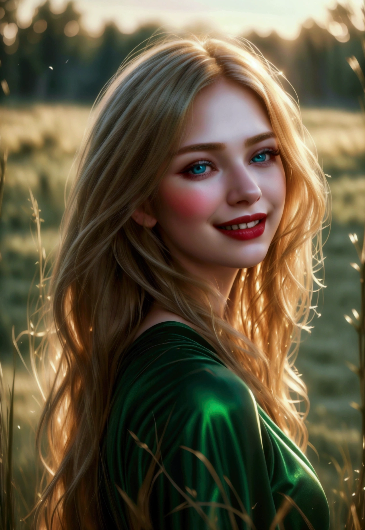 (((ultra realistic))) Photo, masterpiece, top quality, (pale skin), (Ultra detailed face and eyes:1.3), 1 girl, Adult, Retro style, beautiful female model, glamorous body, plump body, long haired person, Wavy Hair, blonde, smooth skin, blue eyes, enchanting smile, dark makeup, red lips, (cheerfull:1.2), longing girl in green field, tender gaze, sad but beautiful expression, natural landscape, photorealistic, highly detailed, dramatic lighting, vibrant colors, serene, emotional, wide shot portrait
