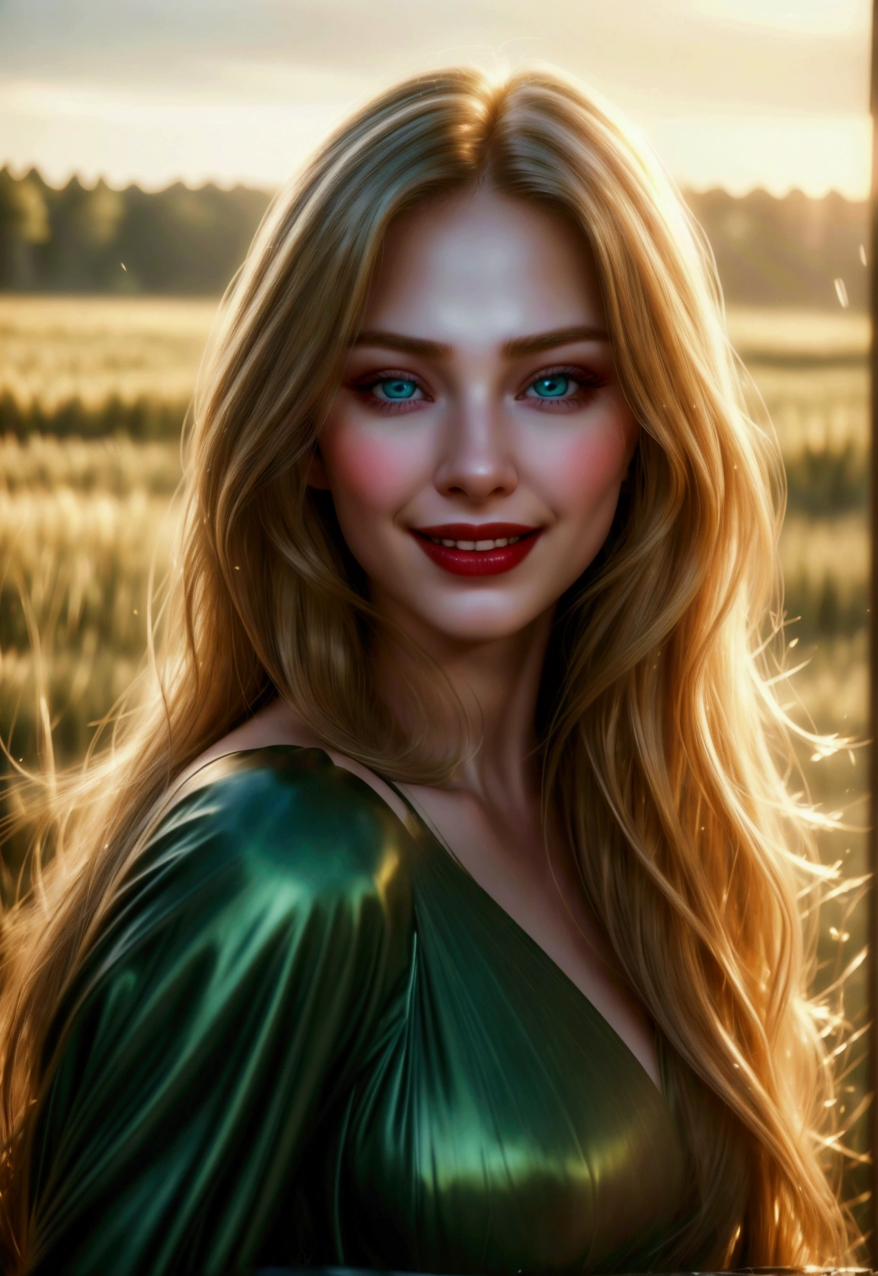 (((ultra realistic))) Photo, masterpiece, top quality, (pale skin), (Ultra detailed face and eyes:1.3), 1 girl, Adult, Retro style, beautiful female model, glamorous body, plump body, long haired person, Wavy Hair, blonde, smooth skin, blue eyes, enchanting smile, dark makeup, red lips, (cheerfull:1.2), longing girl in green field, tender gaze, sad but beautiful expression, natural landscape, photorealistic, highly detailed, dramatic lighting, vibrant colors, serene, emotional, wide shot portrait