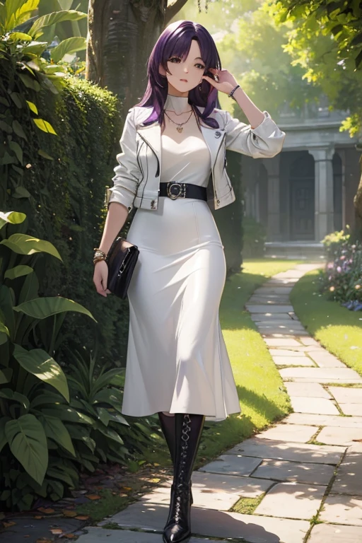 ((masterpiece, best quality, ultra-detailed)), beautiful woman walking through a garden, white leather jacket, necklace, bracelet, black midi pencil skirt, long skirt, leather boots, full body, long purple hair, tree, leaves, summer
