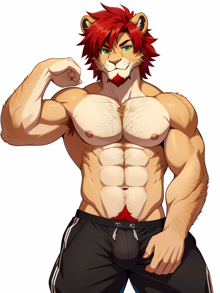 (masterpiece, 4K, ultra detailed), lion furry, masculine, athletic, lean, red hair, short messy haircut, hairy armpits, illustration, simple colors, white background, cute, soft smile, elegant, single, black trousers, bulge, , anime, green eyes