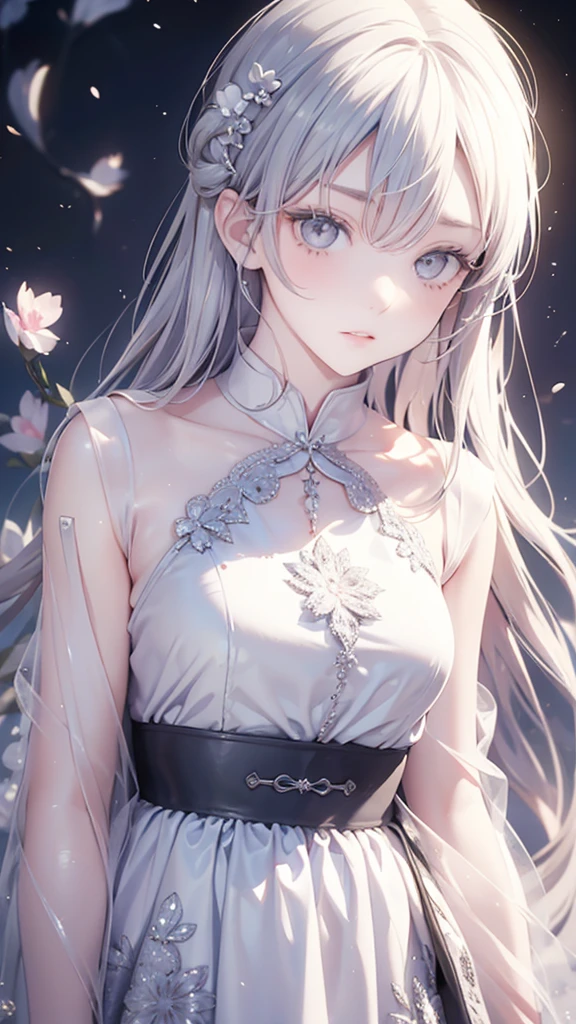 masterpiece, Best night, full moon, 一人のwoman, 成熟したwoman ,Cold Face, Expressionless, silvery white, Long Hair, woman, Pale pink lips, calm, intellectual, Three Belts, Grey Eyes, Flowers, 