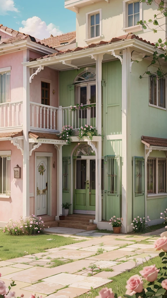 A detailed, realistic painting of a three-story western-style building with white walls, light green doors and windows, pink rose flowers, flower vines, anime-inspired background art, relaxation concept art, highly detailed anime landscape scenes, beautiful illustration work, extremely detailed environmental design, stunning anime scenery, delicate soft painting style, vivid and bright color scheme, 3D wind effects
