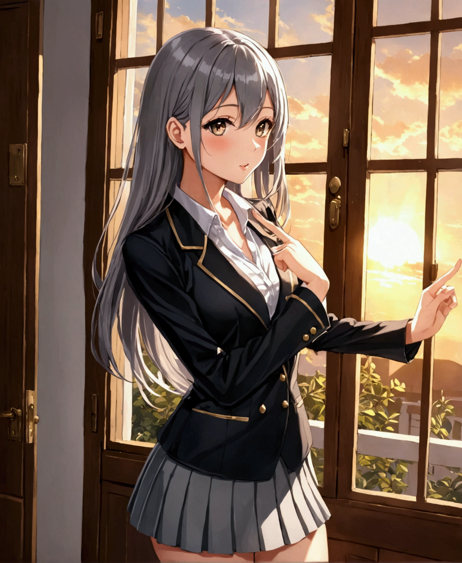 In a private institute for women, a beautiful female student, in the dormitory, in her room, with her back to the door, stroking her hair with her fingers, winking, blushing, looking at the viewer, slightly hunched back, simple decoration, feminine atmosphere, sunset, sunlight penetrating through the window, /(extremely long straight hair, almond-shaped eyes, hourglass-shaped athletic body, F cup breasts, medium hip, medium waist, shapely legs, perfect fingers, Greek nose, perfect hands, triangular face,), /(uniform: white V-neck blouse long sleeves, gray pleated mini skirt, black satin blazer with gold buttons, black pantyhose, patent leather shoes,),