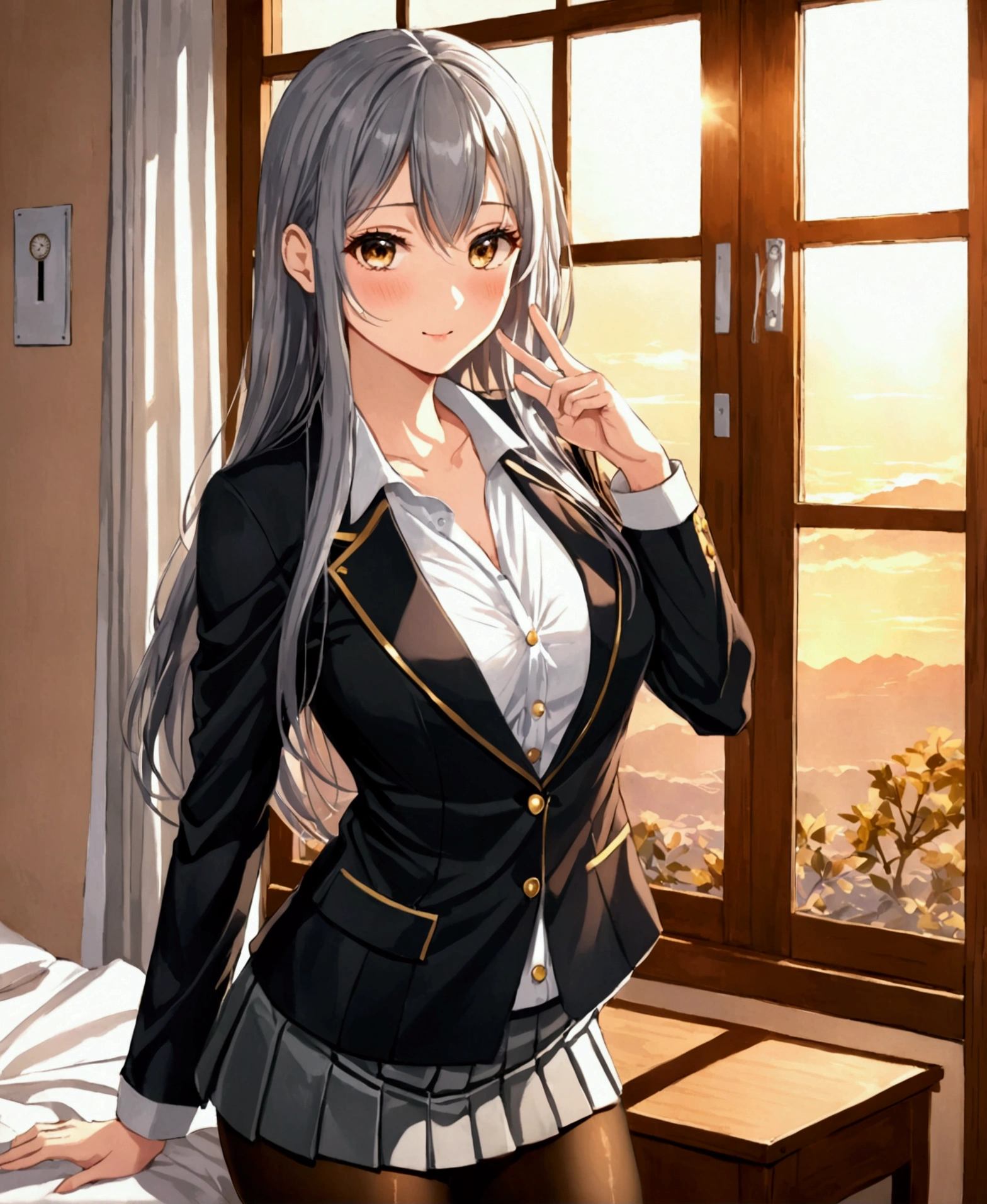 In a private institute for women, a beautiful female student, in the dormitory, in her room, with her back to the door, stroking her hair with her fingers, winking, blushing, looking at the viewer, slightly hunched back, simple decoration, feminine atmosphere, sunset, sunlight penetrating through the window, /(extremely long straight hair, almond-shaped eyes, hourglass-shaped athletic body, F cup breasts, medium hip, medium waist, shapely legs, perfect fingers, Greek nose, perfect hands, triangular face,), /(uniform: white V-neck blouse long sleeves, gray pleated mini skirt, black satin blazer with gold buttons, black pantyhose, patent leather shoes,),